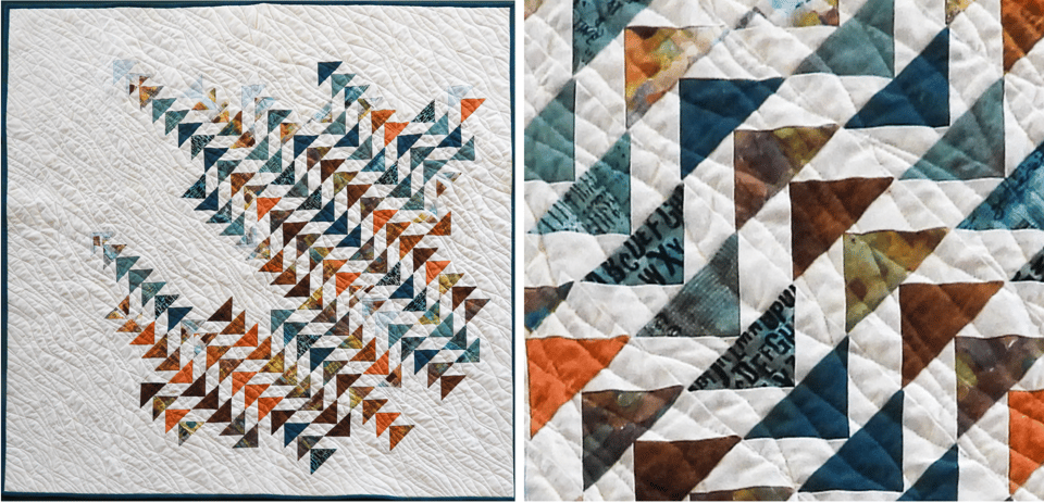 Candlelight Skiing
Pieced and quilted by Tracie Henkel, Lake City, MN
Pattern: “Sky” by Zen Chic
The winter candlelight event at Frontenac State Park inspired my interpretation of earth (trekking across the prairie), wind (snowdrifts), and fire (candles).