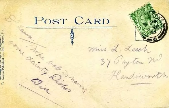 Vintage postcard with handwritten message in cursive, addressed to "Miss L. Leech, 37 Payton Rd, Handsworth." A green postage stamp is affixed in the top-right corner, tilted slightly counterclockwise, accompanied by a postal cancellation mark. The brief handwritten note reads: "Hope Bob is having some dainty Dishes." The postcard has a worn, aged appearance characteristic of late 19th century correspondence