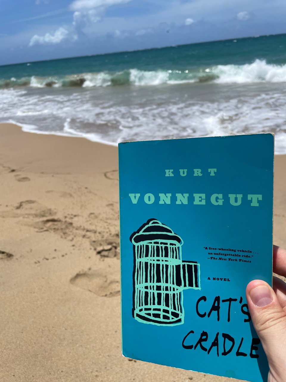 A picture of a hand holding the Kurt Vonnegut book, Cat's Cradle with an ocean behind it