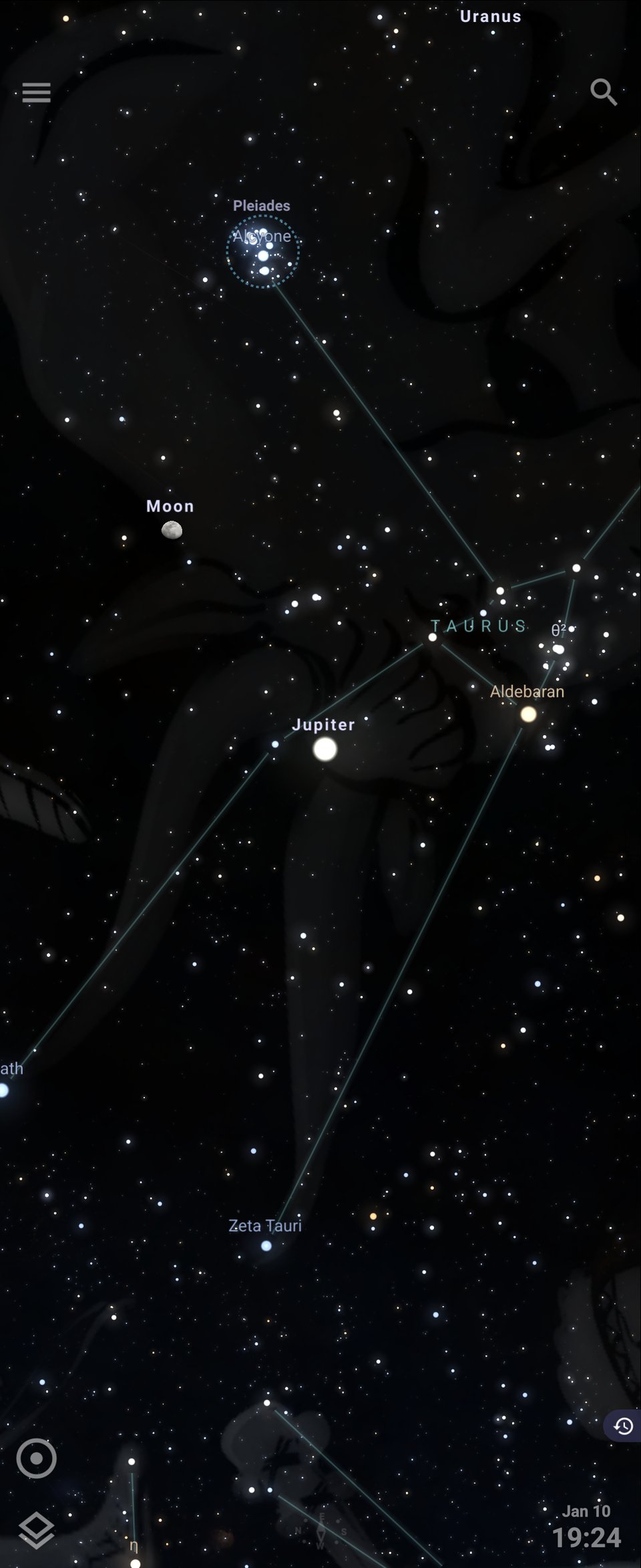 Screenshot of Stellarium showing the arrangement of the objects