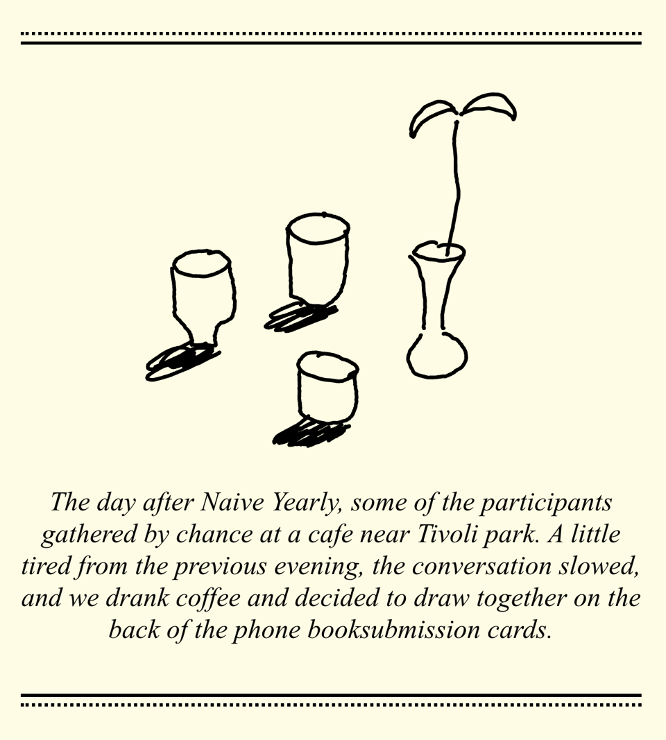 [A close up of one of Elliott’s illustrations, this one of coffee cups and a flower vase. The text below it tells the story of meeting after Naive Yearly in Ljubljana.]