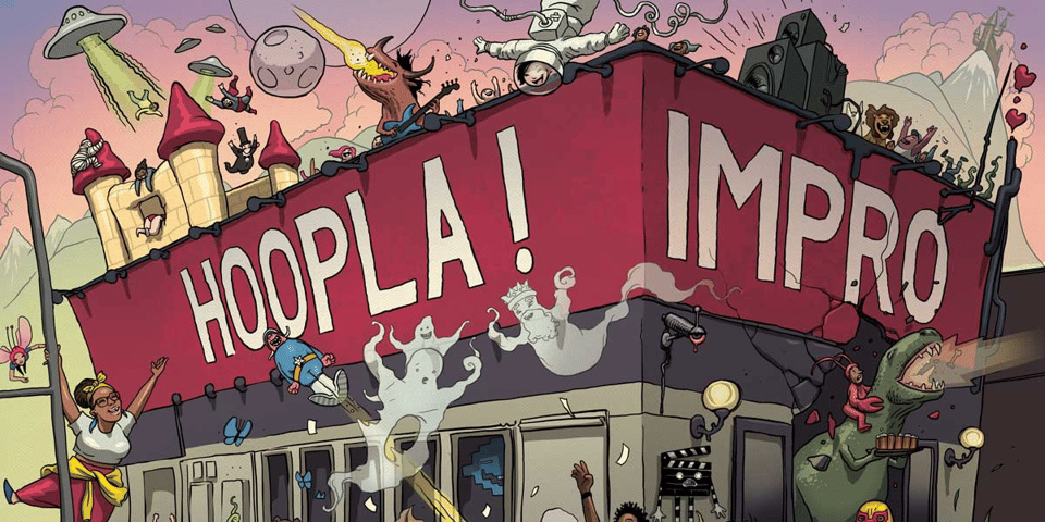 A cartoon of The Miller pub with ghosts, snakes and dinosaurs bursting out of it.