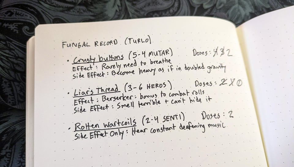 A handwritten list of discovered fungus species. The first reads "Crusty buttons (5-4 Mutar). 2 Doses. Effect: Rarely need to breathe. Side effect: Become heavy as if in doubled gravity."