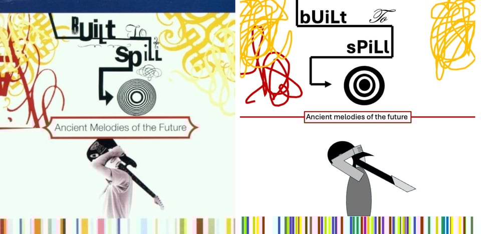 In the middle of a white background is a black and white photo of a man holding a guitar on his shoulder so that the body of it obscures his head and the neck of it shoots out from his back.