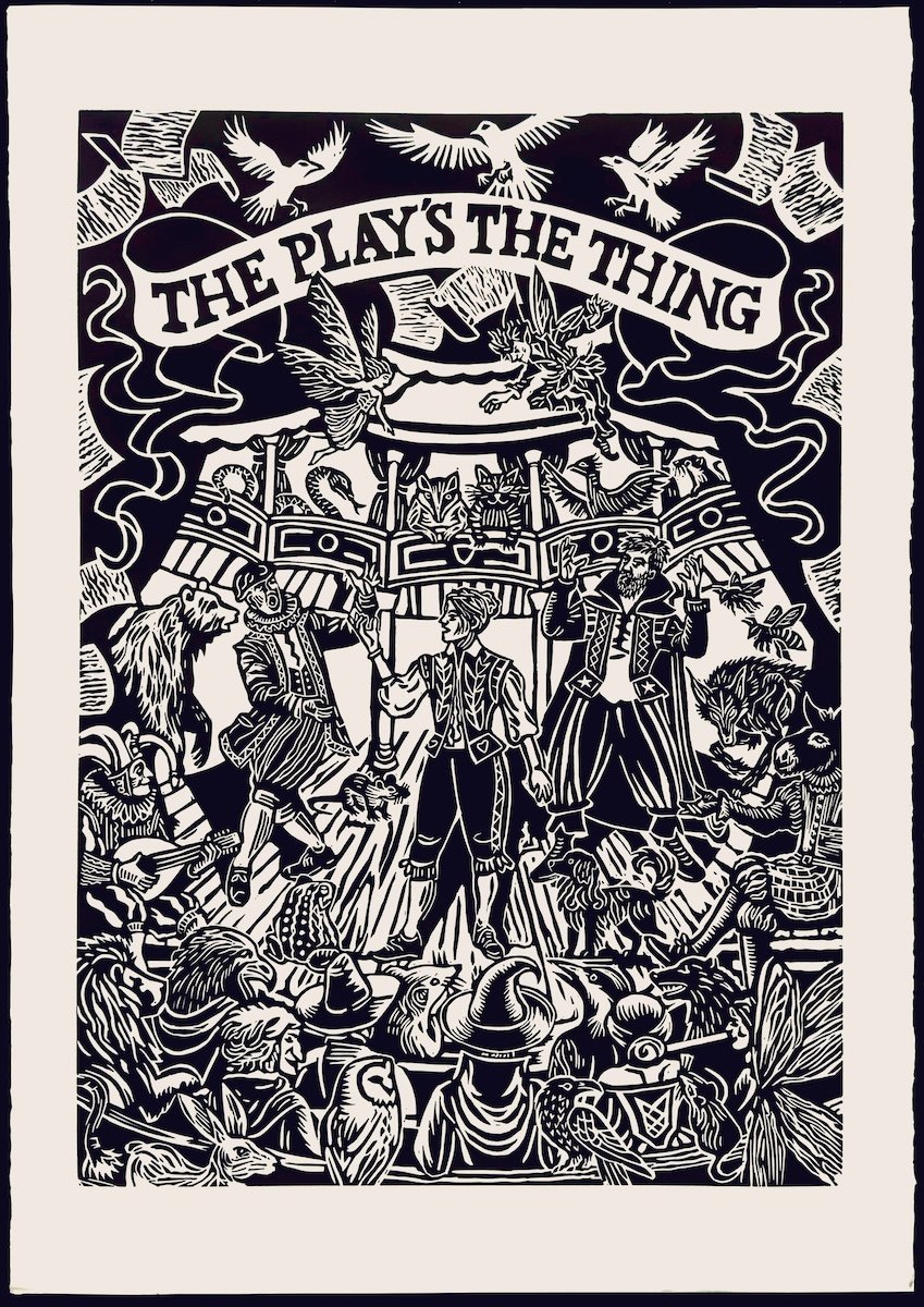 A linocut of three players in an audience of magic creatures.
