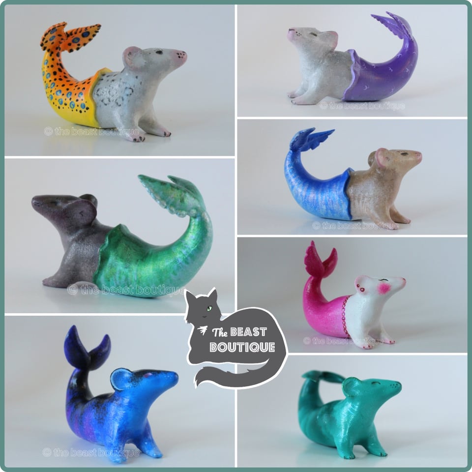 a collage showing seven rat figurines with mermaid tails against white backdrops. starting at the top left and then moving clockwise. First, a rat with an orange tail covered in black and blue spots, with a grey, spotted body. Second, a grey rat with a purple tail.  Third is a tan rat with a metallic blue tail. Fourth, a rat with a pink tail and a white body, and a pink nose and blush. Fifth, a phthalo green rat with a ripple texture painted onto its tail, and metallic green-gold markings at the edges of each ripple, and denoting its eyes, nose, and whiskers. Sixth, a dark blue rat with a purple tail. its tail has a blue stripe down the back and thin stripes running down along the side. Seventh and finally, a dark brown rat with a metallic green tail.

the shop name, the beast boutique, watermarks the image.