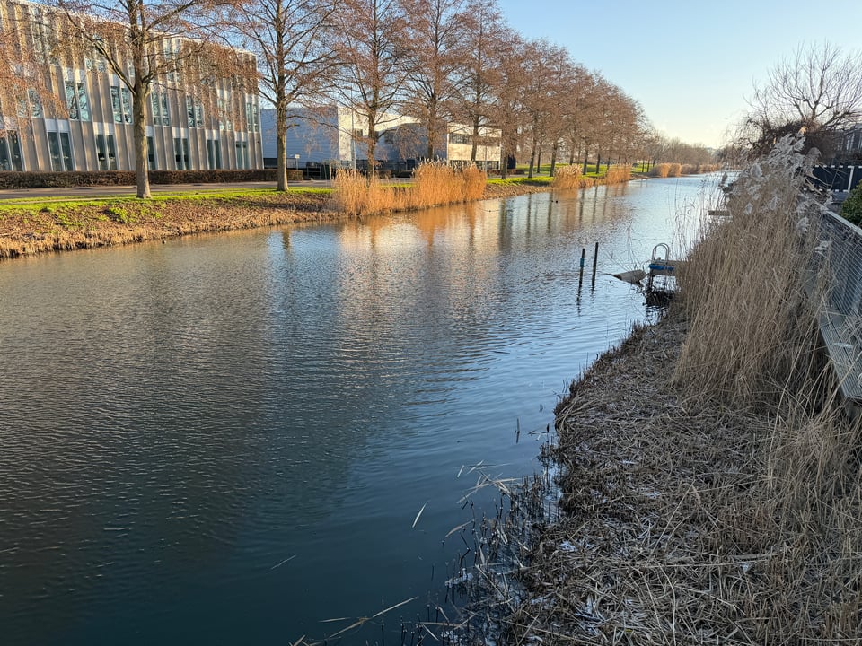 A canal is bathed in weak sunlight on one side and shaded on the other with blocks of ice and frost in the shadows.