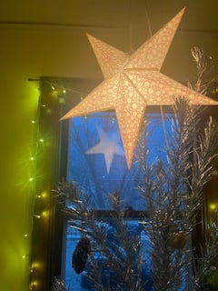 a star lamp and fairy lights in front of a blue-lit window, with aluminum Christmas tree branches in shadow