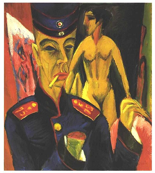 Ernst Ludwig Kirschner's SELF-PORTRAIT AS A SOLDIER. It is an expressionist painting with striking colors of a soldier in blue uniform with yellow skin holding up both hands with one severed at the wrist. Behind is a nude yellow figure.