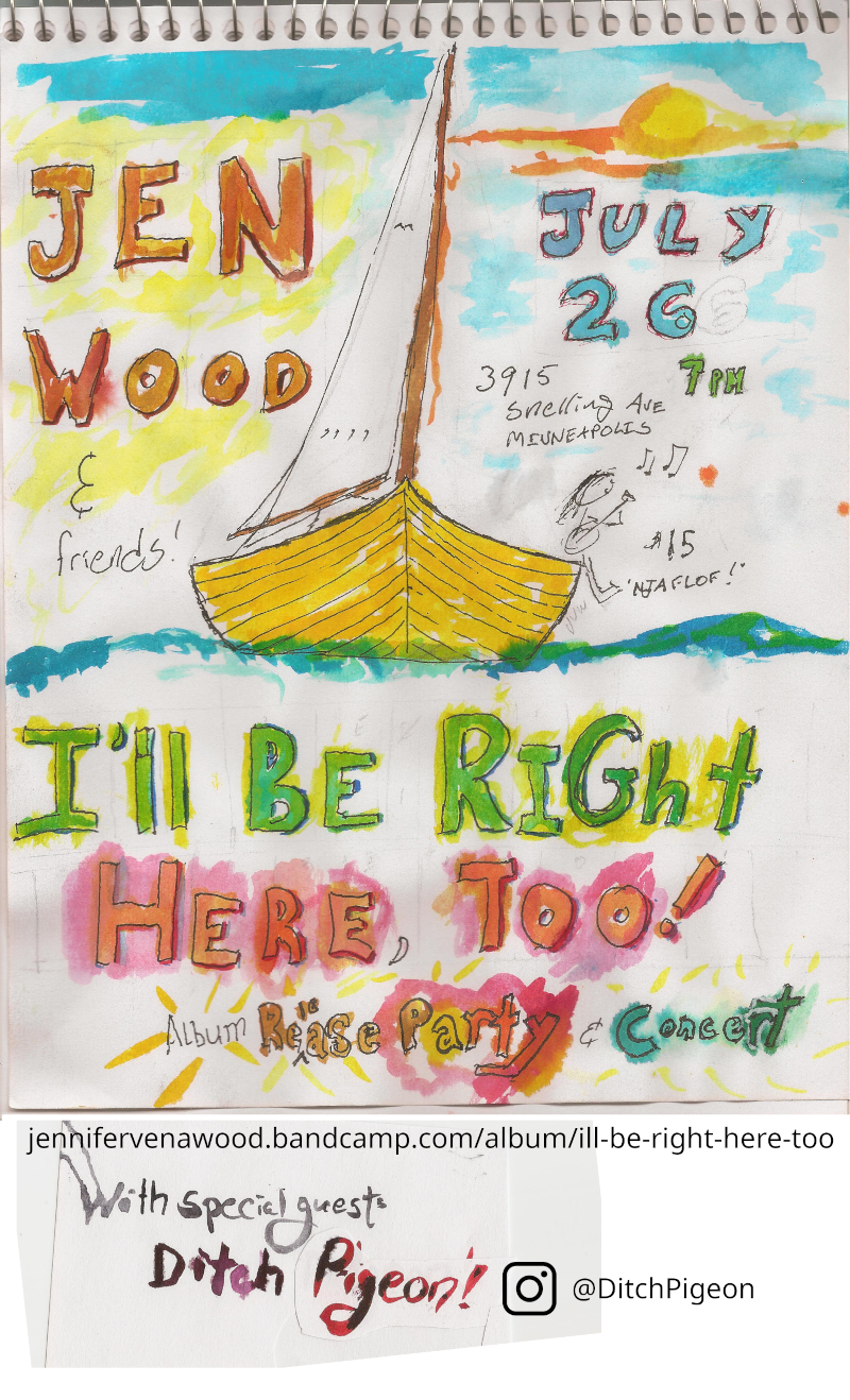ink and watercolor drawing of a sailboat with a yellow hull, sailing directly towards the viewer, who appears to be bobbing in the water based on the perspective. Folksey hand-drawn block-lettering jauntily conveys the same info as in the concert description above.