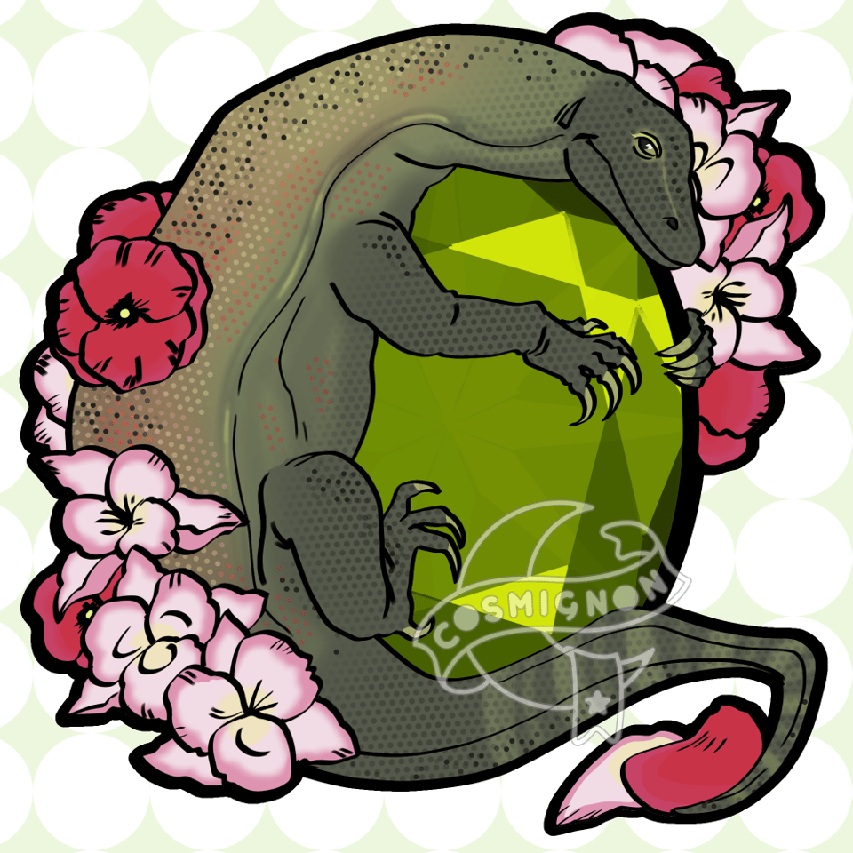 An illustration of a komodo dragon curled around a peridot. Poppy and gladiolus flowers surround its body and the gem.