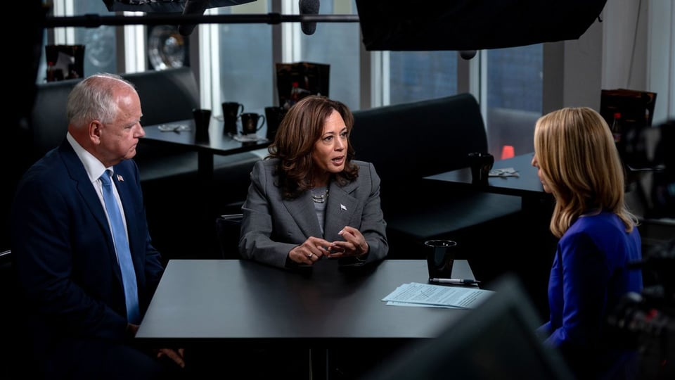 L to R: Walz, Harris, and Bash mid-interview. The photo is a still from CNN.