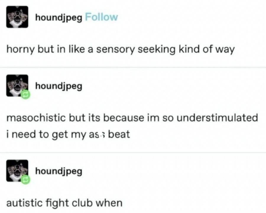 Tumblr screenshot. houndjpeg: horny but in like a sensory seeking kind of way. masochistic but its because im so understimulated i need to get my ass beat. autistic fight club when