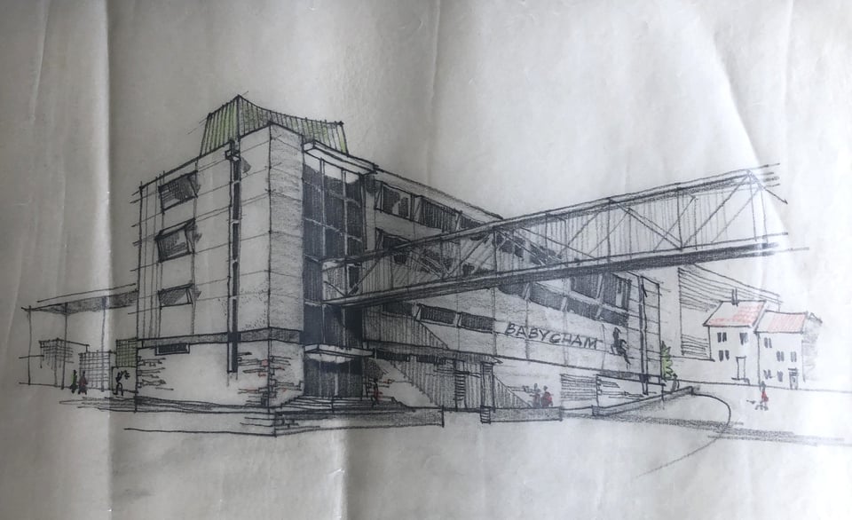 Pen and ink drawing on layout paper of the Babycham offices by Terry Hopegood, showing the mixture of glass, tile and concrete including the glass-walled bridge