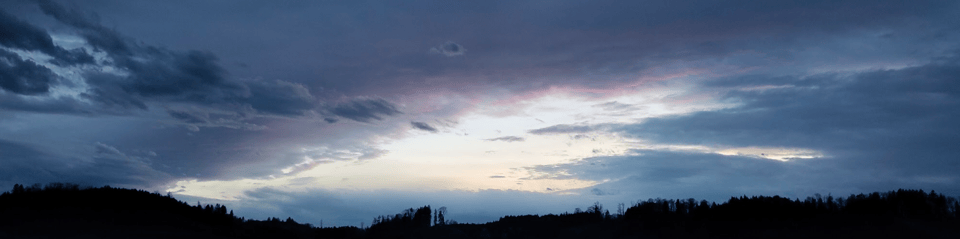 A sunset, with blueish clouds in the sky and dark trees on the bottom.