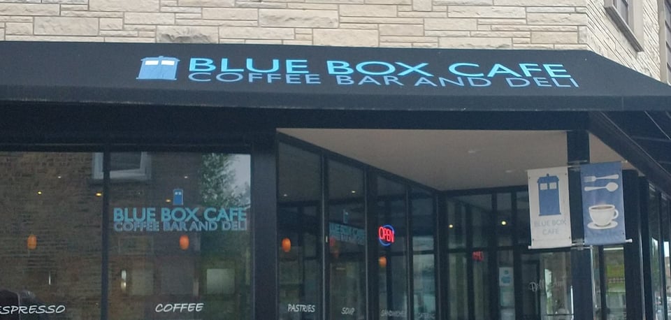 Blue Box Cafe canopy in Elgin, Illinois