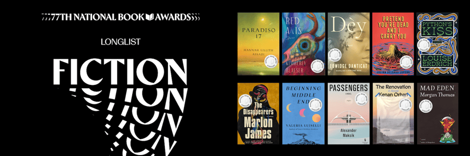 Graphic from the NBA site, showing the NBA fiction longlist with a large FICTION graphic to the left side.