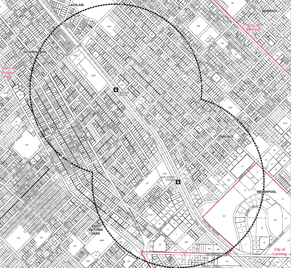 Map showing the 800m area around Carlise and Oats Street stations covered by the plan.