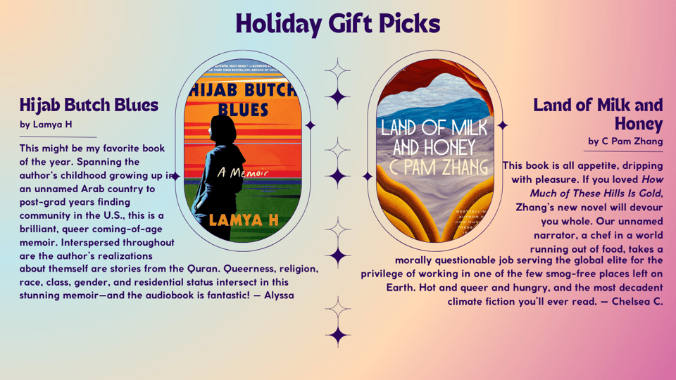 Holiday Gift Picks: Hijab Butch Blues by Lamya H and Land of Milk and Honey by C Pam Zhang (descriptions in text)