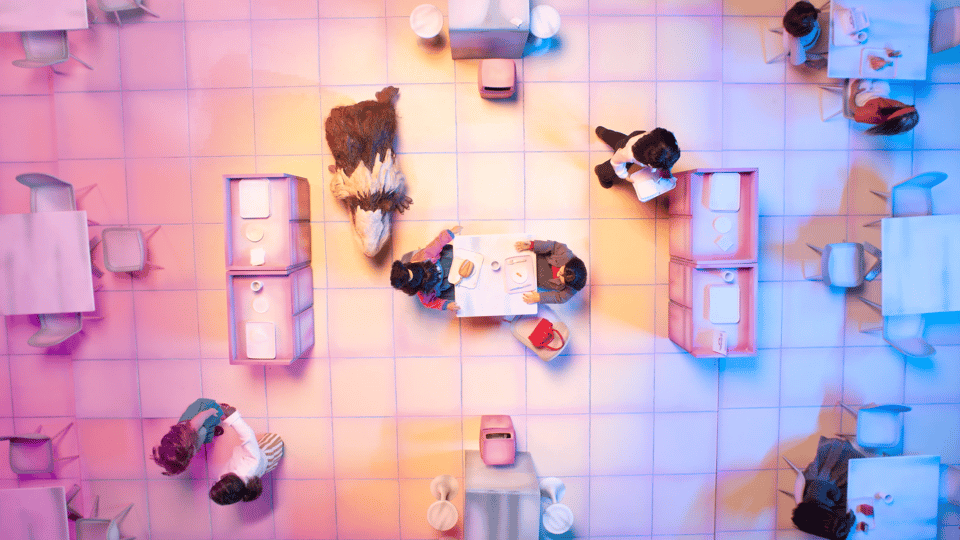 an overhead shot of a food court
