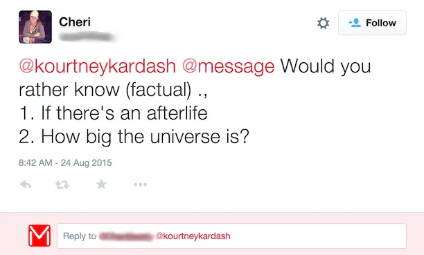 A message from a user named Cheri to @kourtneykardash and @message that reads