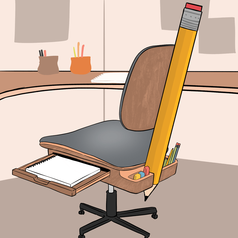 A desk chair with wheels is sitting in front of a desk. The desk has a draw containing a pad of paper, and two troughs containing pencils and erasers. The structure holding up the back of the chair is a giant pencil.