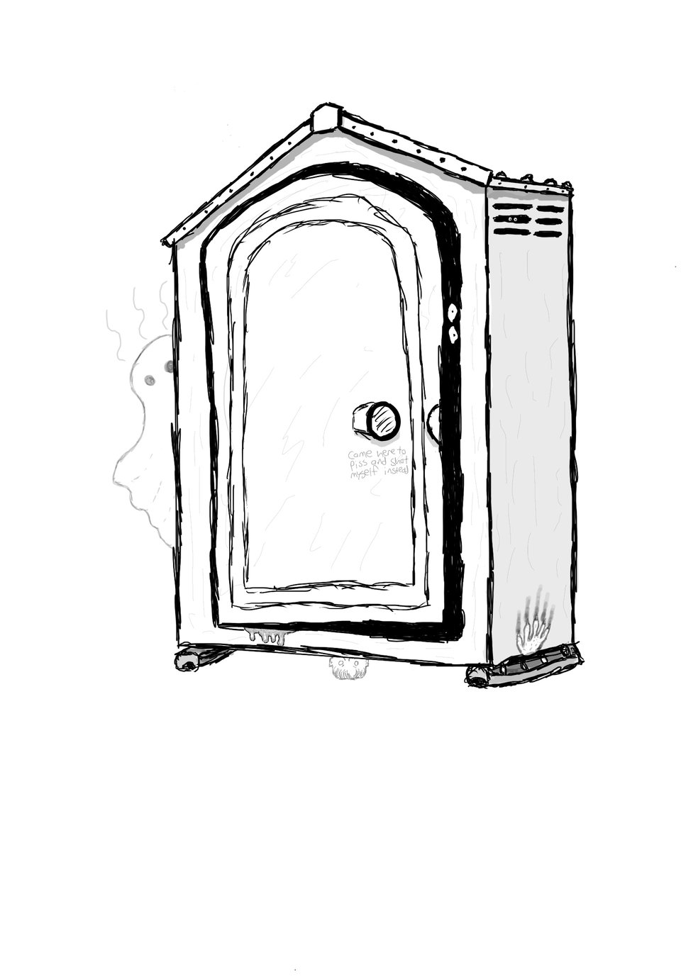 Ghostly Porta Potty with a stinky spirit peeking out on one side, an oozing spectral hand on the other, a ghostly child face underneath, and eyes in the dark beyond. Graffiti on the Porta Potty reads "came here to piss and shat myself instead."