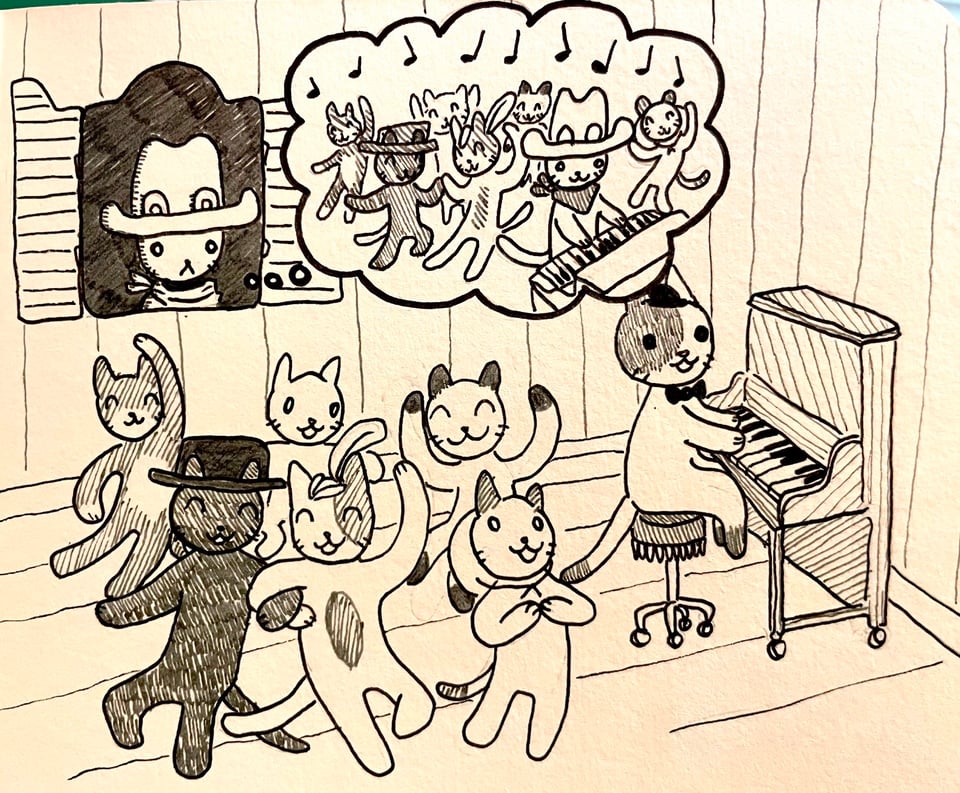 Cowboy Kitty watches a bunch of cats in the saloon dancing to piano music while imagining he is the one playing the piano