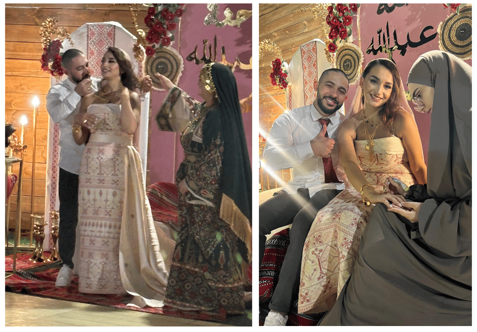 Two photos of a man and a woman; in the first, the man places a necklace on the woman; in the second, henna is being painted on the woman's hand
