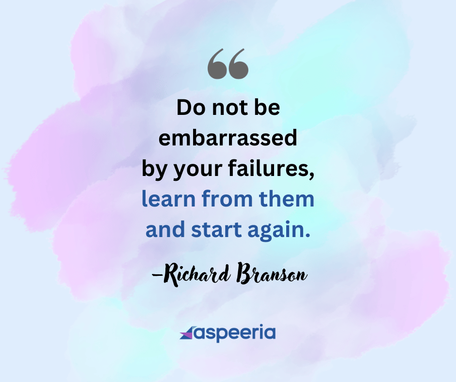 A pastel background features a motivational quote by Richard Branson encouraging people to learn from their failures and start again
