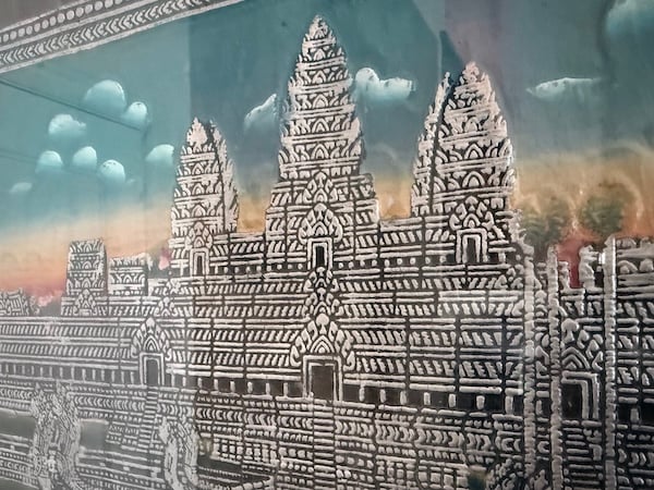 Detail of a painted image of Angkor Wat in Cambodia