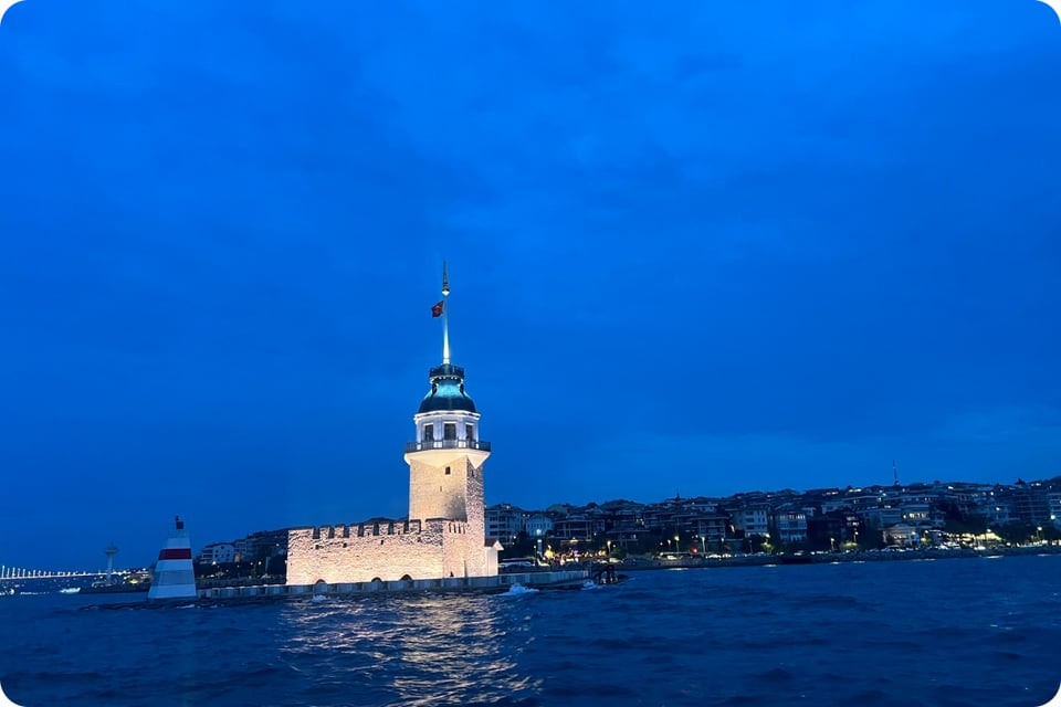 a view of the bosphorous at night, maiden tower, istanbul
