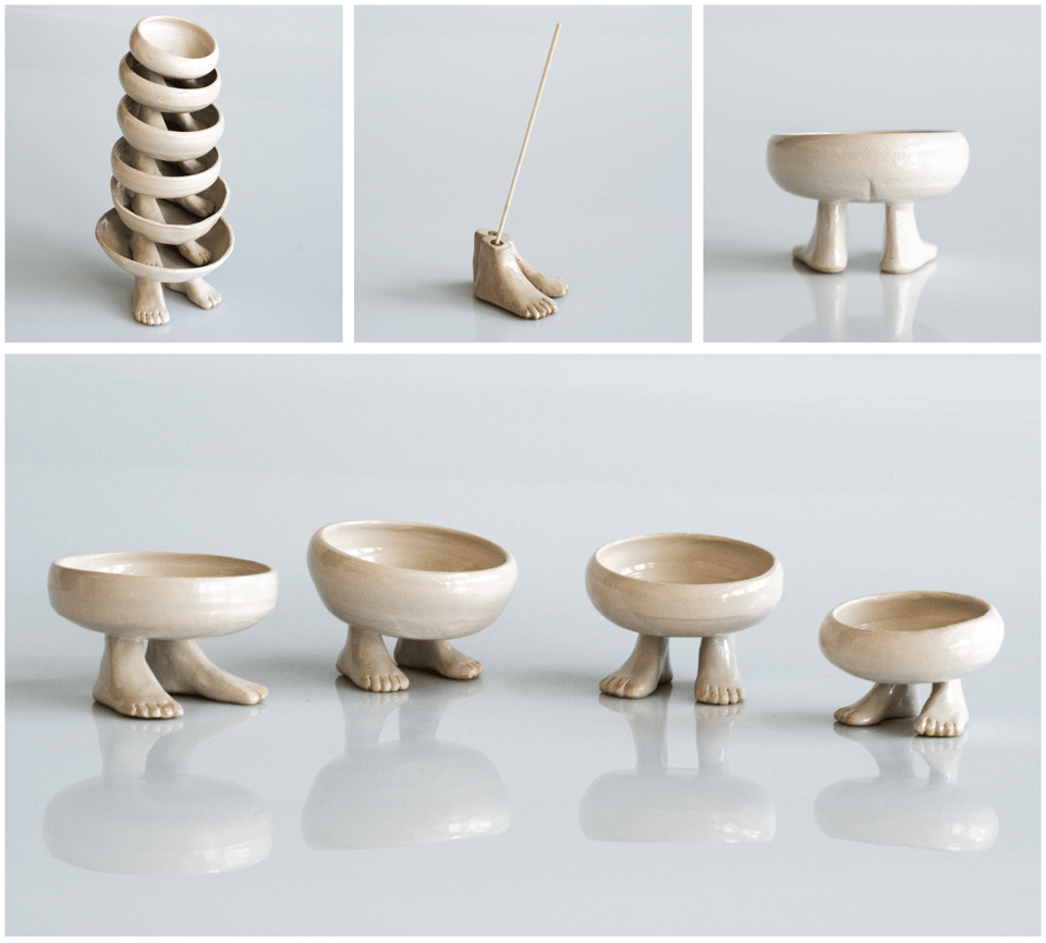 A collage of 4 images: a stack of footed bowls standing on top of each other; a pair of bowl-less feet with an incense stick sticking out of the ankle; the back view of a footed bowl, showing its gentle buttcrack; the 4 footed bowls standing in a semicircle