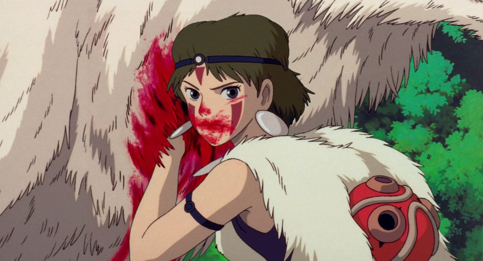 A frame from the animated movie Princess Mononoke by Studio Ghibli. It shows San, with blood over her face, tending to the wound of Moro, a large wolf.