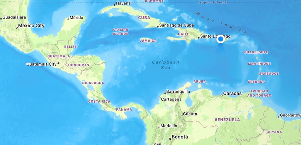 Map of the Caribbean Sea and the communities/countries in proximity to it. A location marker is located in Puerto Rico and is facing South toward Venezuela.