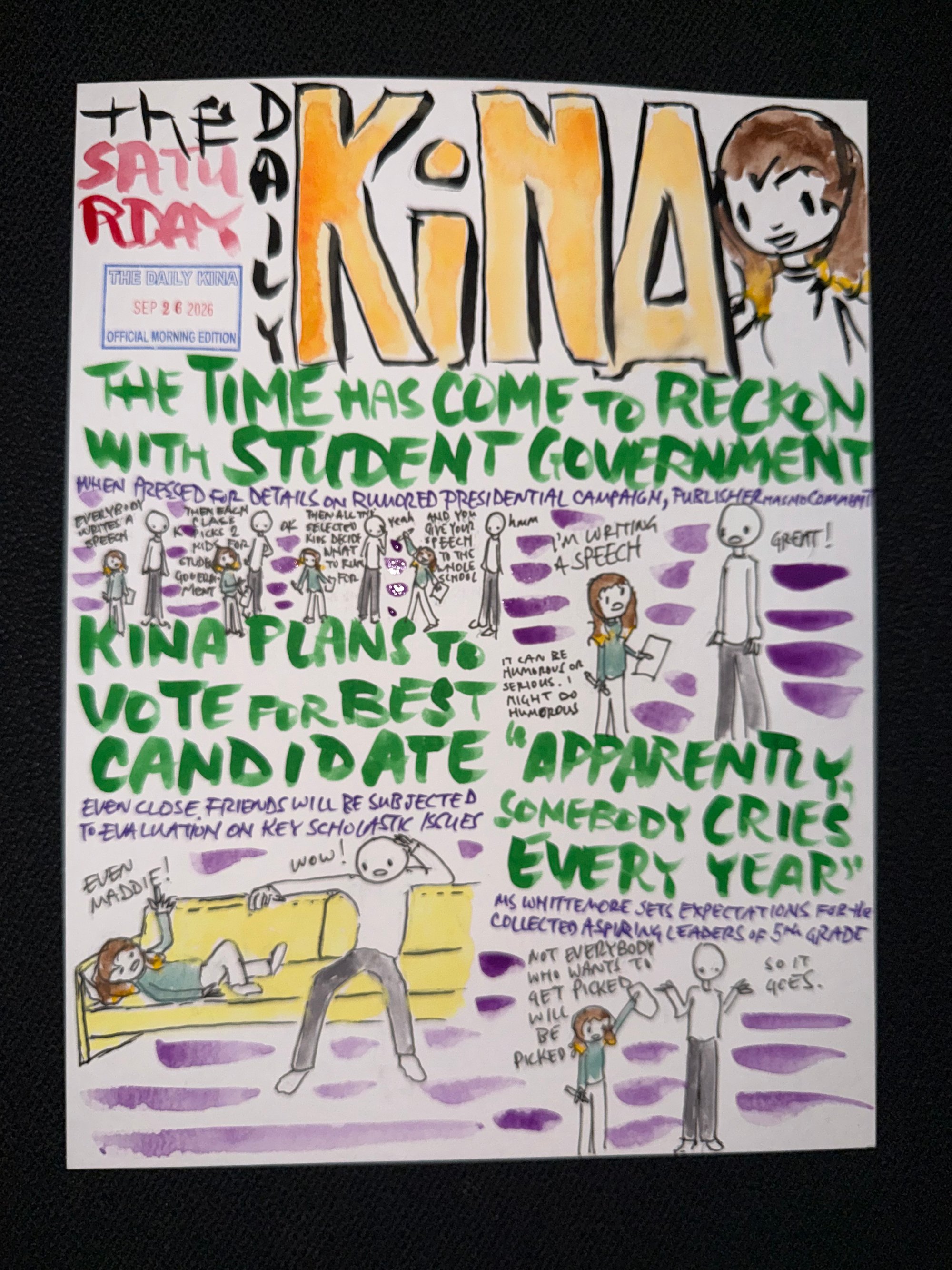 The Daily Kina for September 26, 2026. Top story: The Time Has Come to Reckon with Student Government. Also in this issue: Kina Plans to Vote for Best Candidate; “Apparently, Somebody Cries Every Year”.