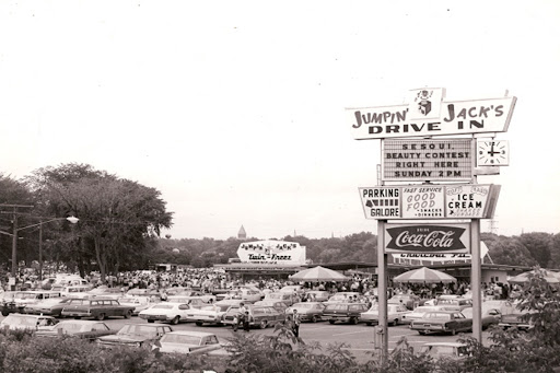 A black-and-white photo of Jumpin Jacks parking lot in the 1970s