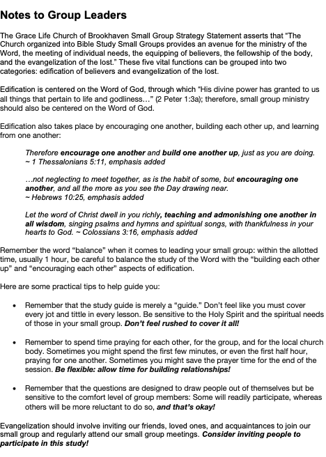 Notes to Small Group Leaders