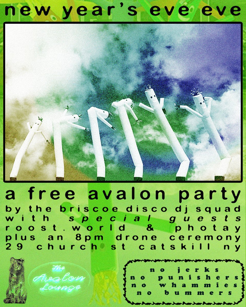 a poster for a new year's eve eve party at the avalon lounge featuring many air dancers and a disco cat