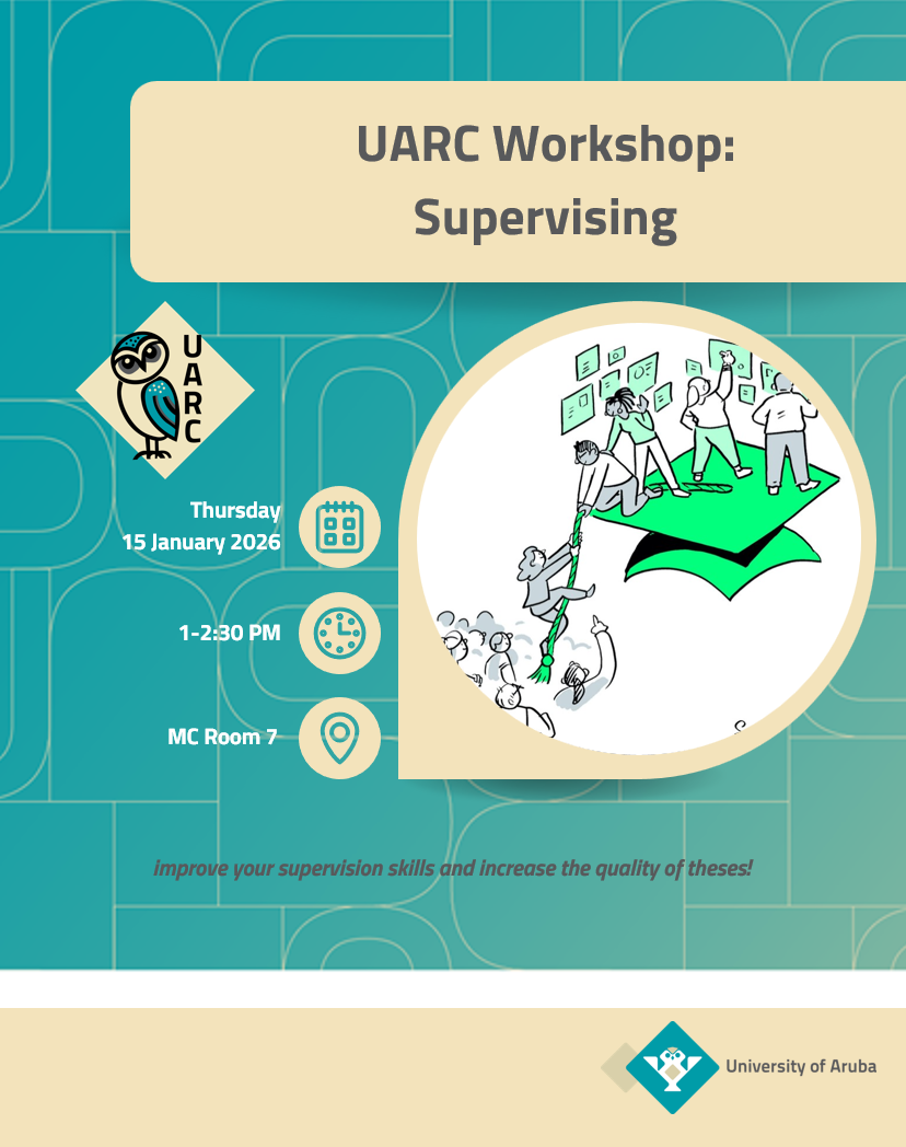 A workshop announcement for the Workshop: Supervising. Taking place on Thursday 15 January from 1-2:30 PM in MC room 7 at the University of Aruba. Improve your supervision skills and increase the quality of theses!