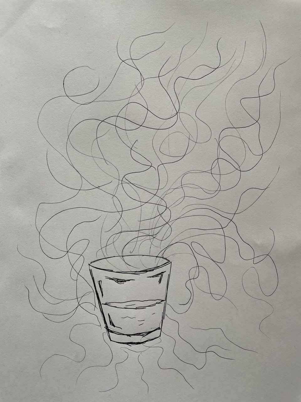 A rough sketch of a small whiskey glass. Thin lines whip, spin, and flow above and around the glass