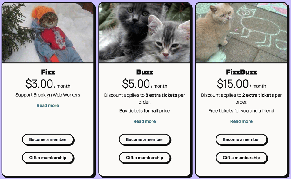Membership tiers include $3/month to support Brooklyn Web  Workers, $5/month for discounted tickets, and $15/month for free tickets