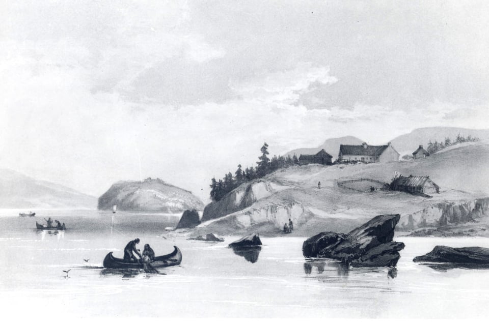 A pen and ink drawing of a few small buildings on a slope toward a river. In the river there are a few rocks and a few canoes. In one canoe a person pulls in a net from the water while the another person in the same canoe sits with the paddles up.