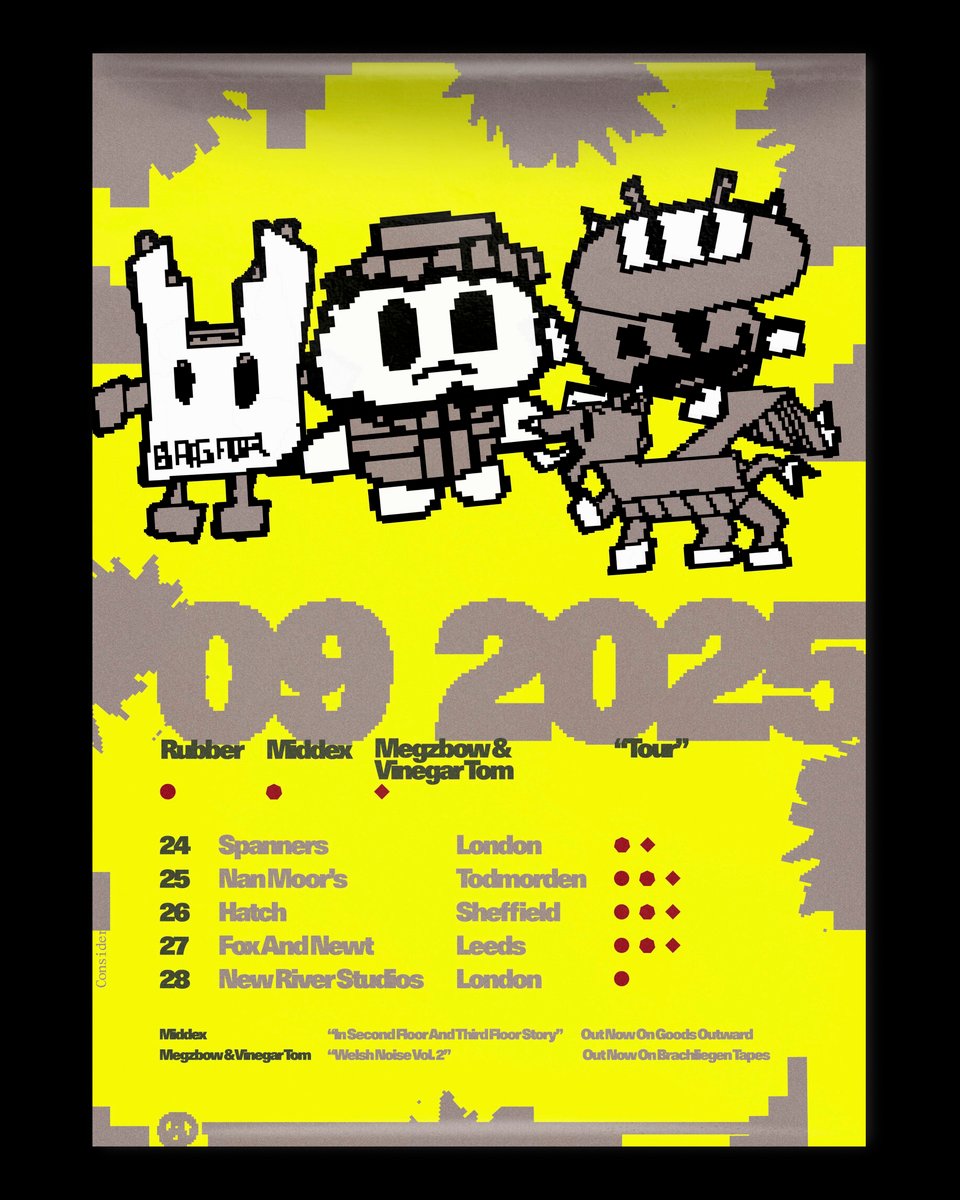 Poster for Rubber / Middex / Megzbow & Vinegar Tom tour September 2025.