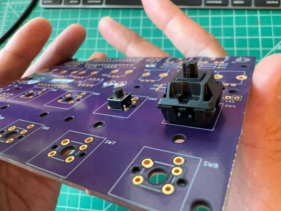 cherrytactile footprint IRL with both switches on a PCB