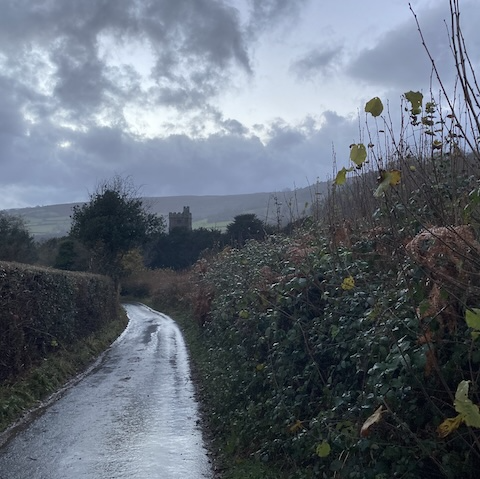 View down a damp lane towards Cwmdu Church