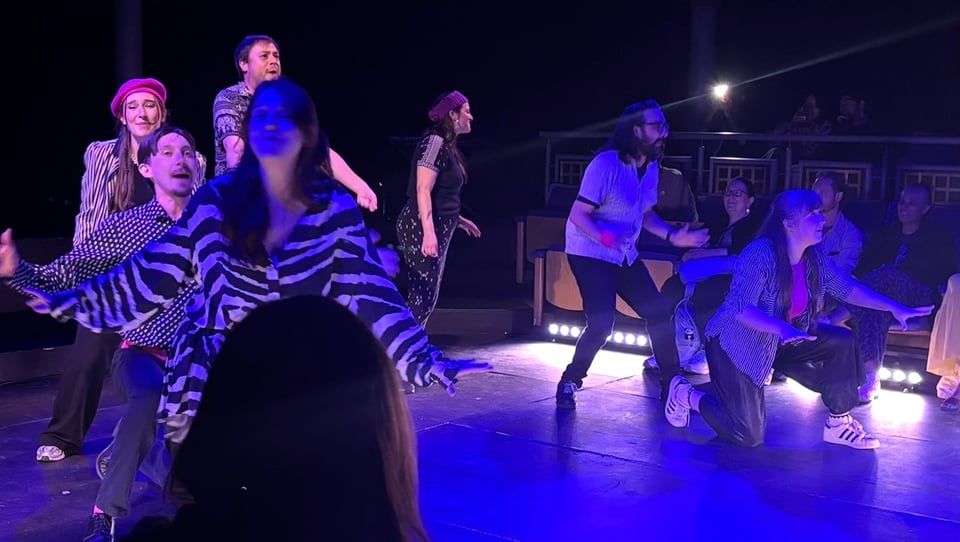 A group of diverse performers is seen engaging in an expressive theatrical performance on stage, with vibrant lighting and an audience visible in the background.