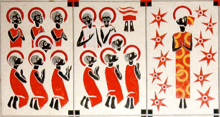 left panels: 13 black human figures look toward two feet in upper right; right panel: black human figure in red and yellow west African attire looking up, surrounded by 12 red stars