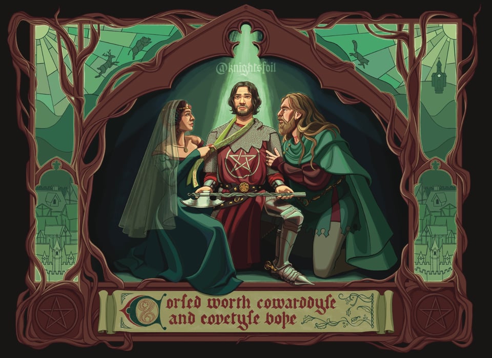 Digital illustration of Sir Gawain kneeling, surrounded on one side by Lord Bertilak and Lady Bertilak on the other. She holds the girdle around his neck, while he clings to Gawain’s arm. Gawain holds an axe. The central figures are surrounded by a frame of twisting branches with a stained glass depiction of the hunting scene and the Green Chapel. Handlettered text below them is a Middle English quote from the original text that translates to modern English as “cursed be cowardice and coveting both”.