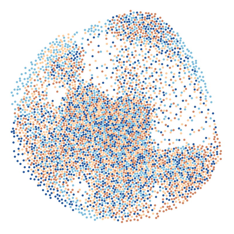 A variation using the same pointillist technique, but in this case the points do never overlap. It may look like a cross cut of a fiber optic cable containing many filaments..
